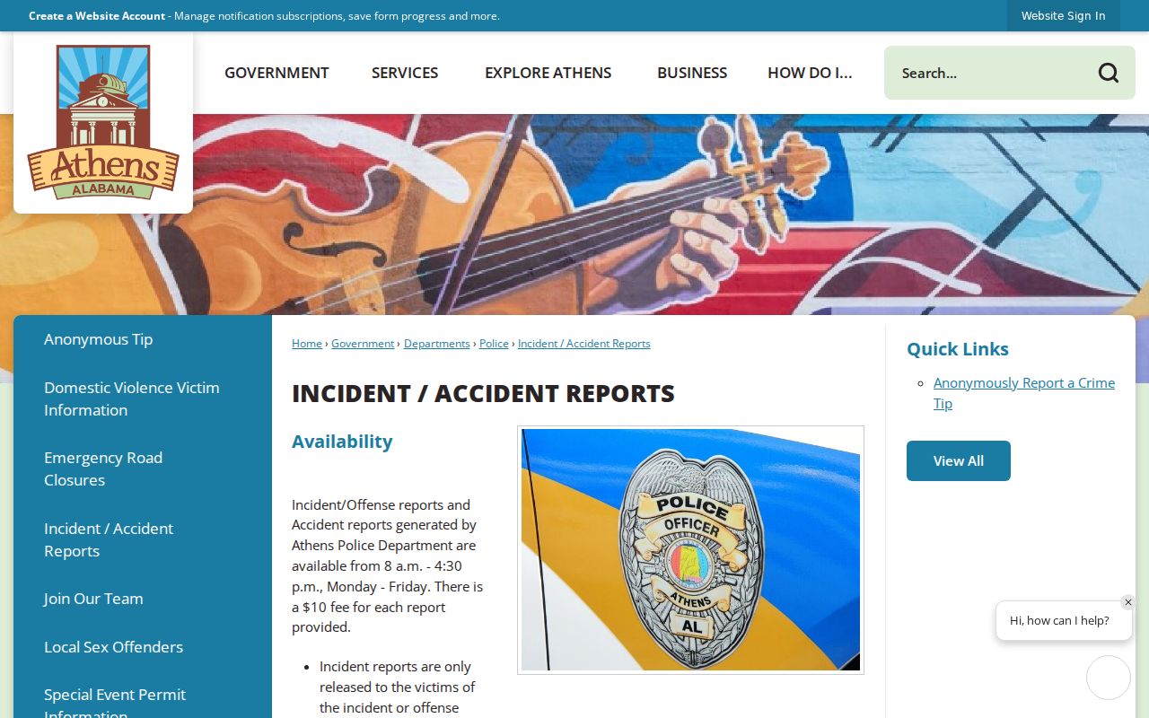 Athens criminal incident and accident report access