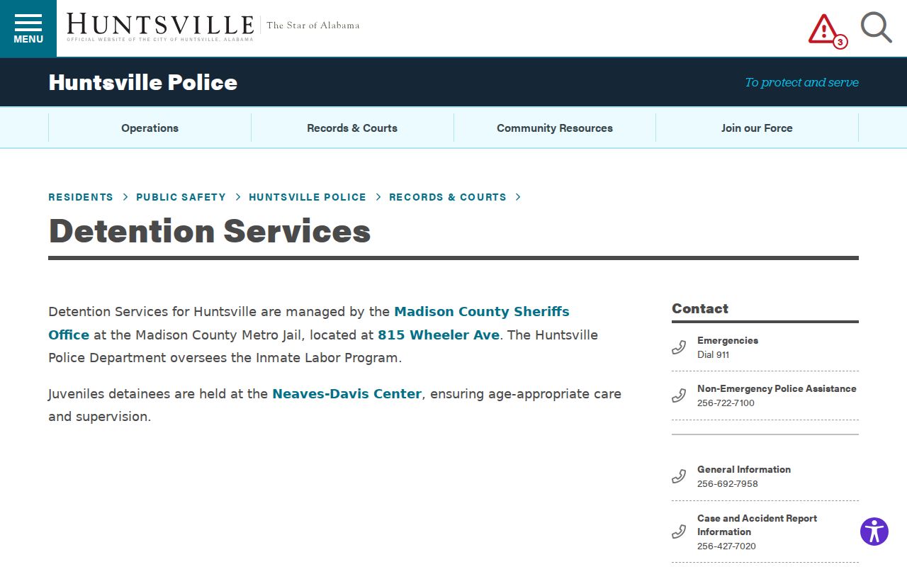 Huntsville arrest booking and detention services