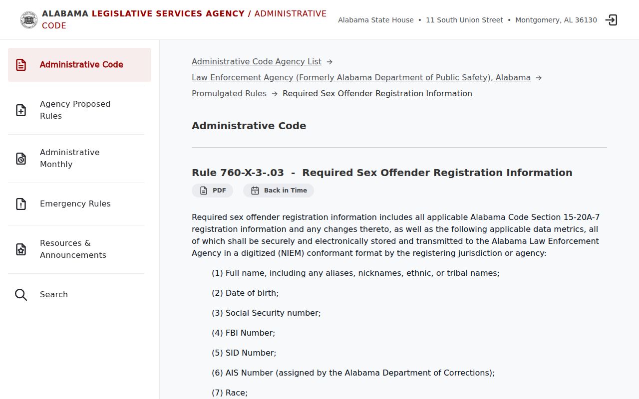 Limestone County registry data fields under Alabama administrative rules